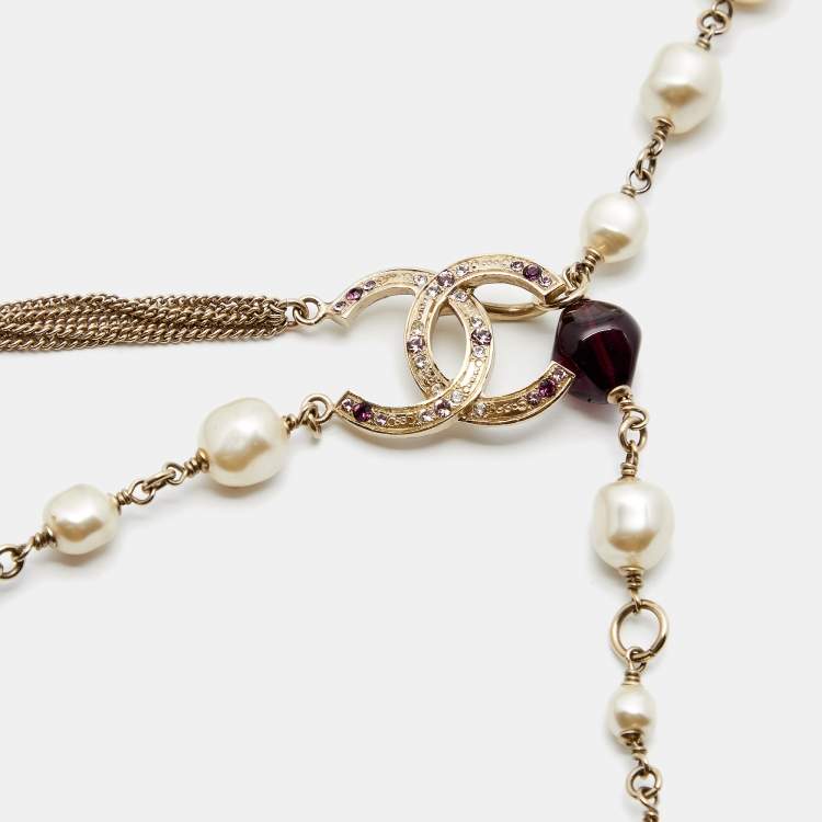 CC Drop Dangle Pendant Necklace Metal with Faux Pearls, Beads and Enamel