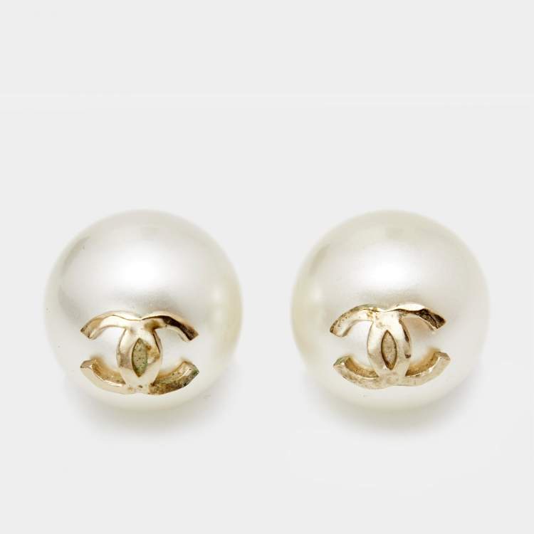 Chanel Pale Gold Tone Large Faux Pearl Stud Earrings Chanel