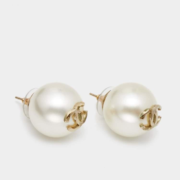 Chanel Pale Gold Tone Large Faux Pearl Stud Earrings Chanel
