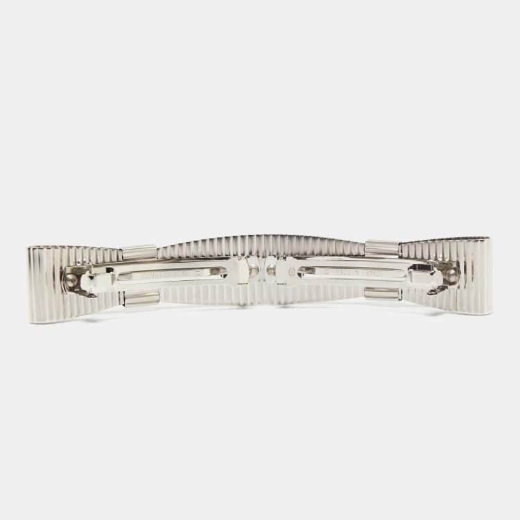 Pre Owned Chanel CC Textured Double Bow Silver Tone Barrette