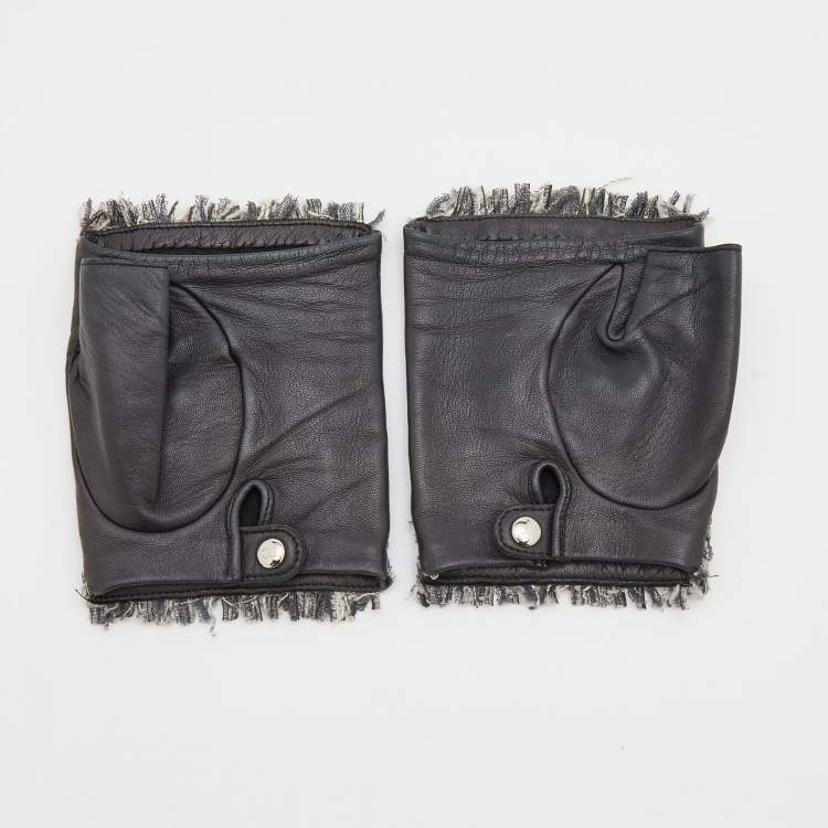 Chanel Black Crystal CC Tweed & Leather Fingerless Gloves Chanel