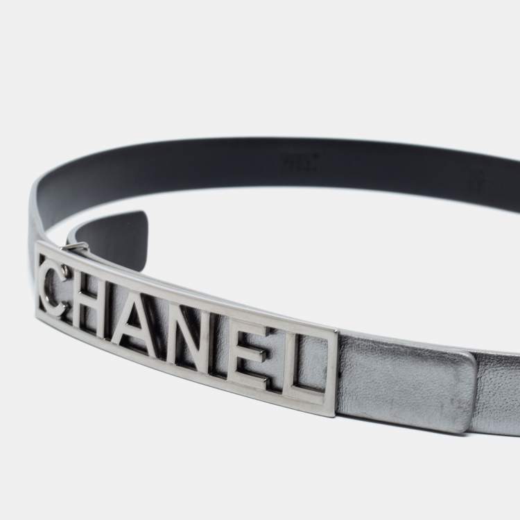 Pre Owned Chanel Silver Leather Logo Belt 80CM