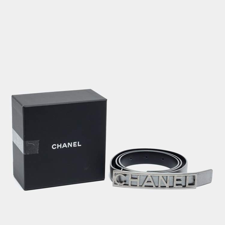 Pre Owned Chanel Silver Leather Logo Belt 80CM