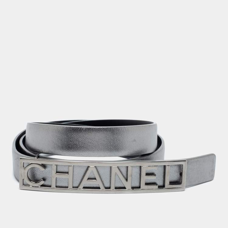 Pre Owned Chanel Silver Leather Logo Belt 80CM