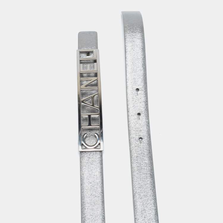 Pre Owned Chanel Silver Leather Logo Belt 80CM