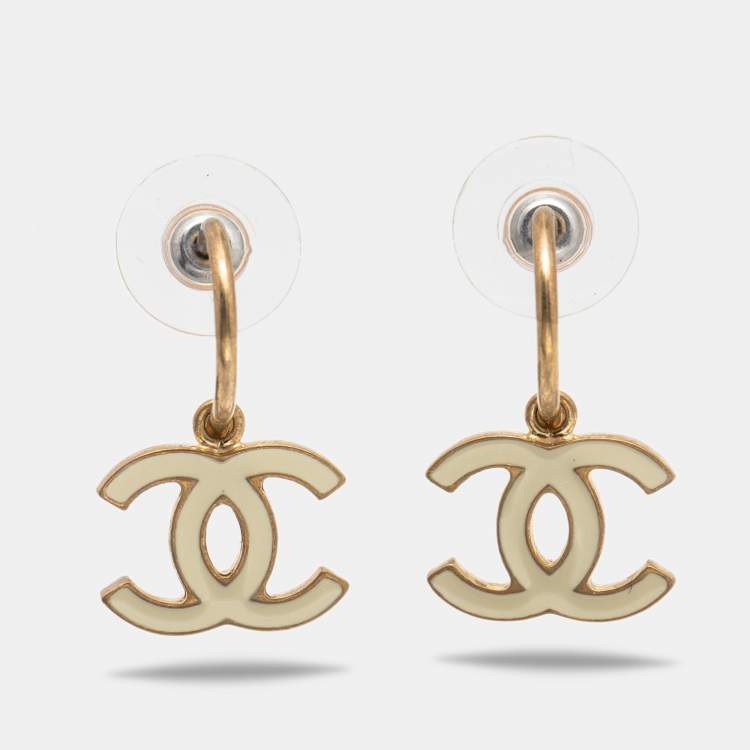 Chanel CC Gold Tone Black Enamel W/ Pearl Earrings – The