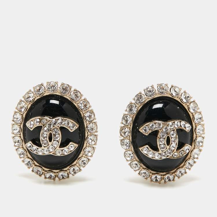 CHANEL, Jewelry, Chanel Crystal Cc Oval Stud Earrings Auth