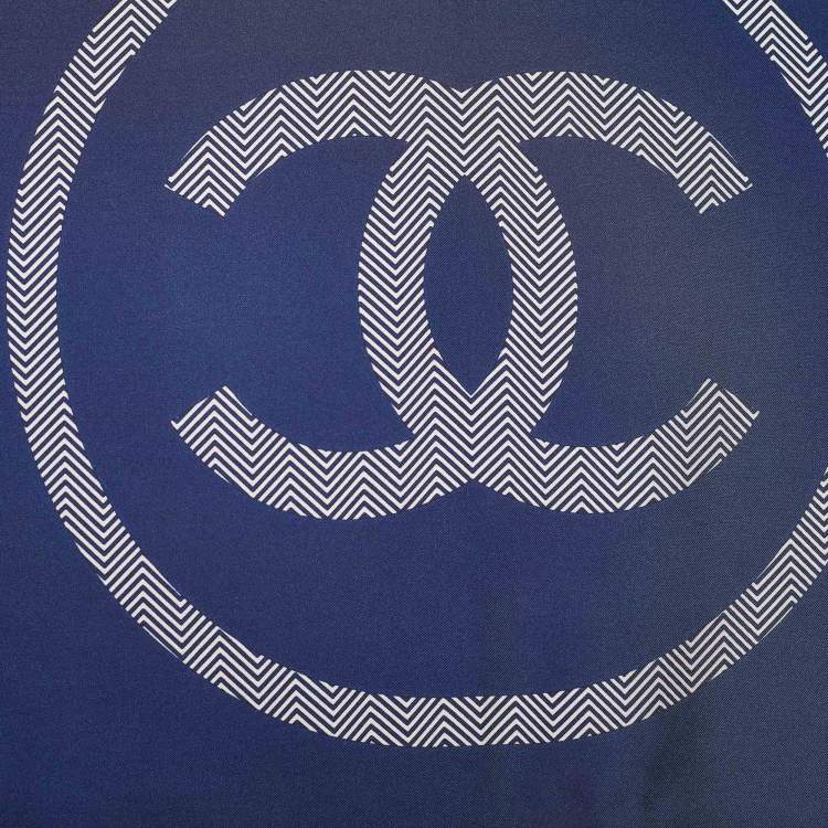 Pre Owned Chanel Navy Blue CC Logo Print Silk Scarf