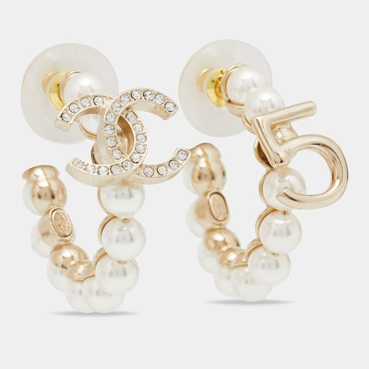 Chanel Faux Pearl & Crystal CC No 5 Hoop Earrings Chanel