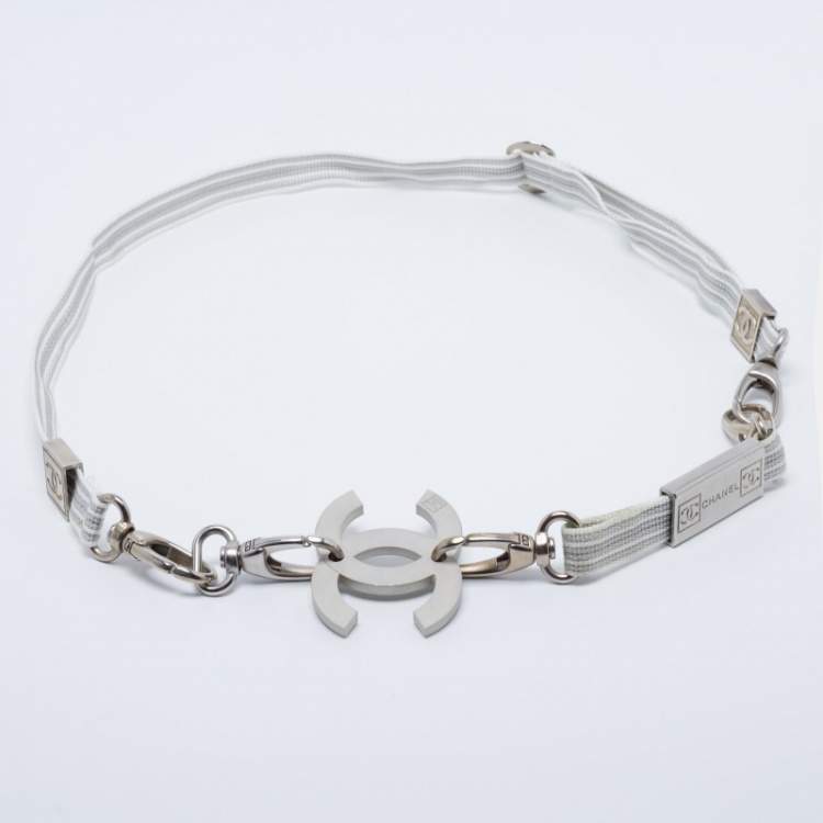 Pre Owned Chanel Grey/White Nylon CC Logo Buckle Belt 