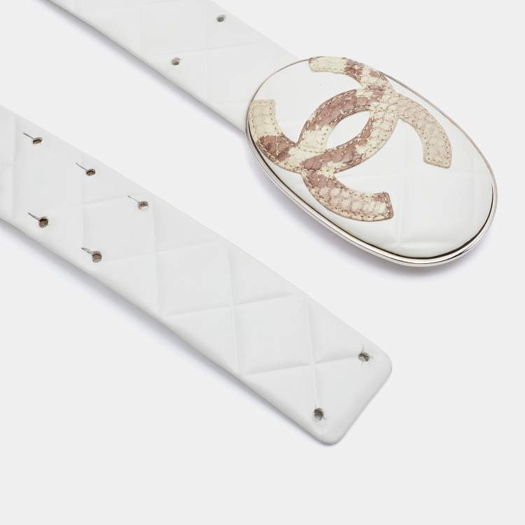 Pre Owned Chanel White Leather CC Belt 80 CM