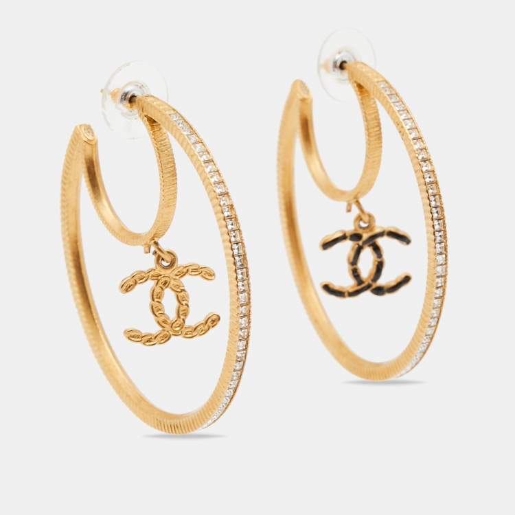 Chanel Gold Tone & Crystal Enamel CC Charm Hoop Earrings Chanel