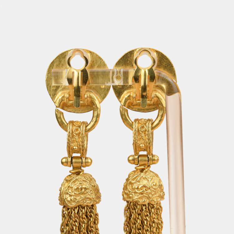 Pre Owned Chanel Vintage 1994 Gold Plated Pearl Fringe Tassel Dangle Clip On Earrings