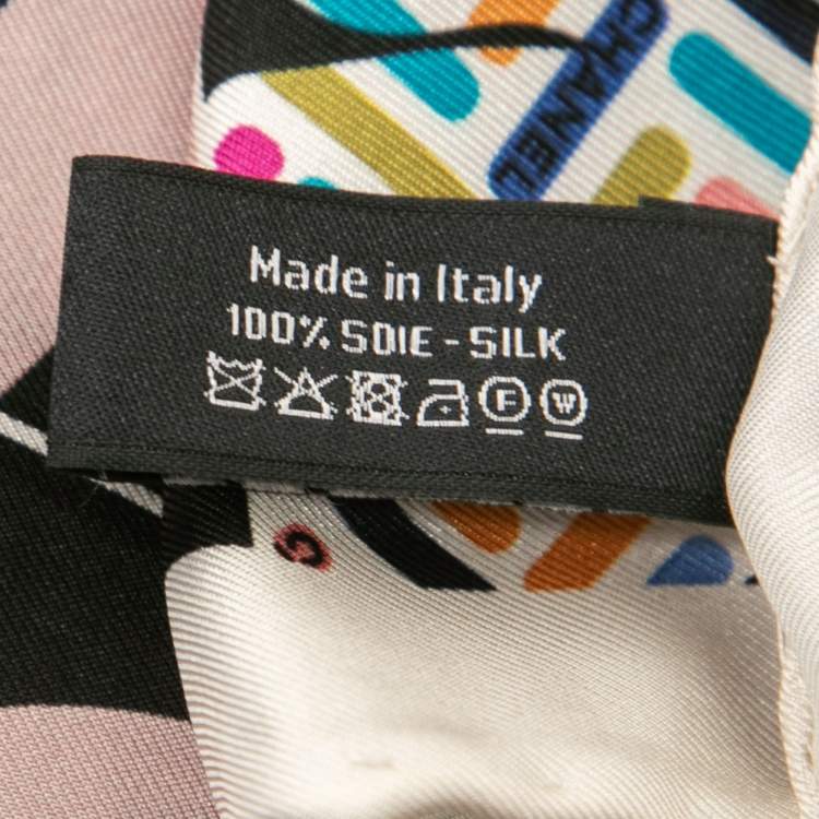 Pre Owned Chanel Black & Beige Check Logo Print Silk Scarf