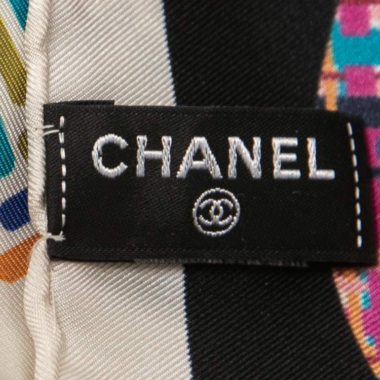 Pre Owned Chanel Black & Beige Check Logo Print Silk Scarf