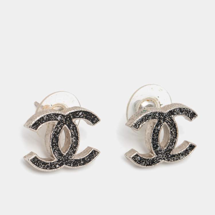 Chanel CC Enamel Silver Tone Stud Earrings Chanel