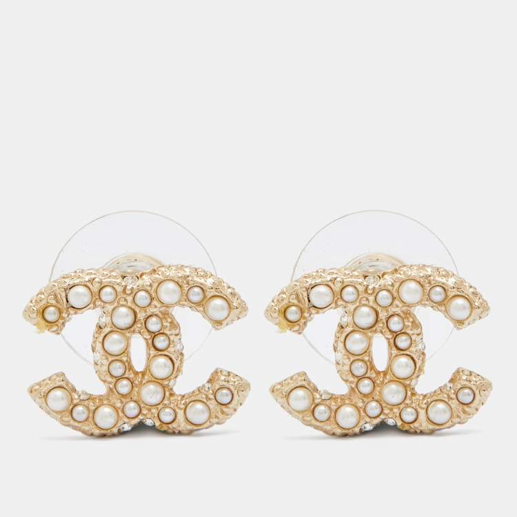 Chanel Pale Gold Tone Faux Pearl CC Stud Earrings Chanel | The Luxury Closet