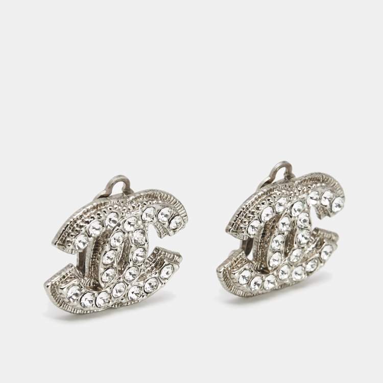 Chanel CC Crystals Silver Tone Clip On Earrings Chanel