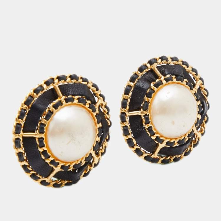 Chanel Vintage Gold Tone Leather Woven Pearl Dome Clip-On Earrings Chanel | TLC