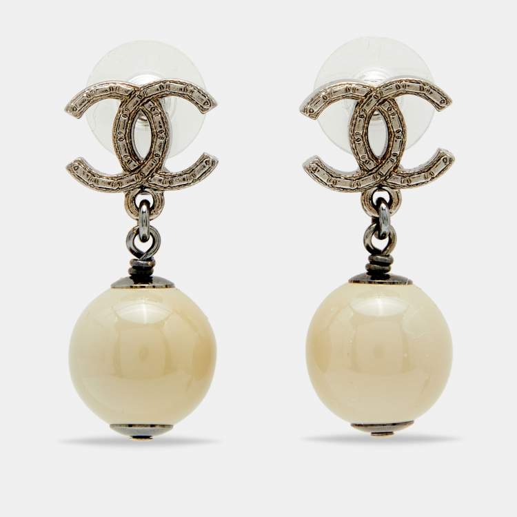 Chanel Beige Bead Gunmetal Tone CC Drop Earrings Chanel | The Luxury Closet