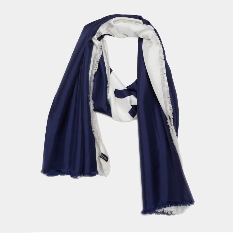 Pre Owned Chanel Navy Blue & White Logo Printed Silk Shawl