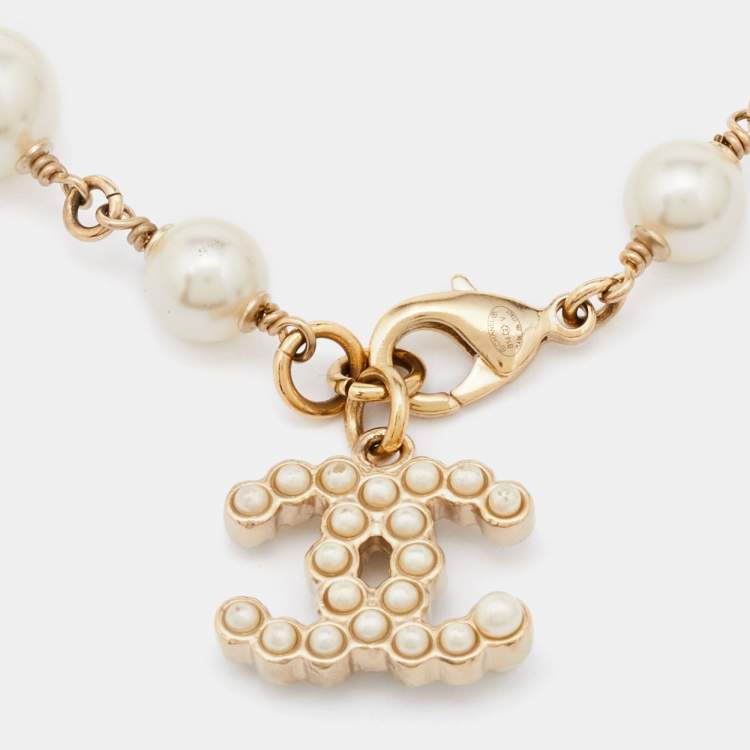 Chanel Long Gold-Tone Faux Pearl Logo Necklace - Ann's Fabulous Closeouts
