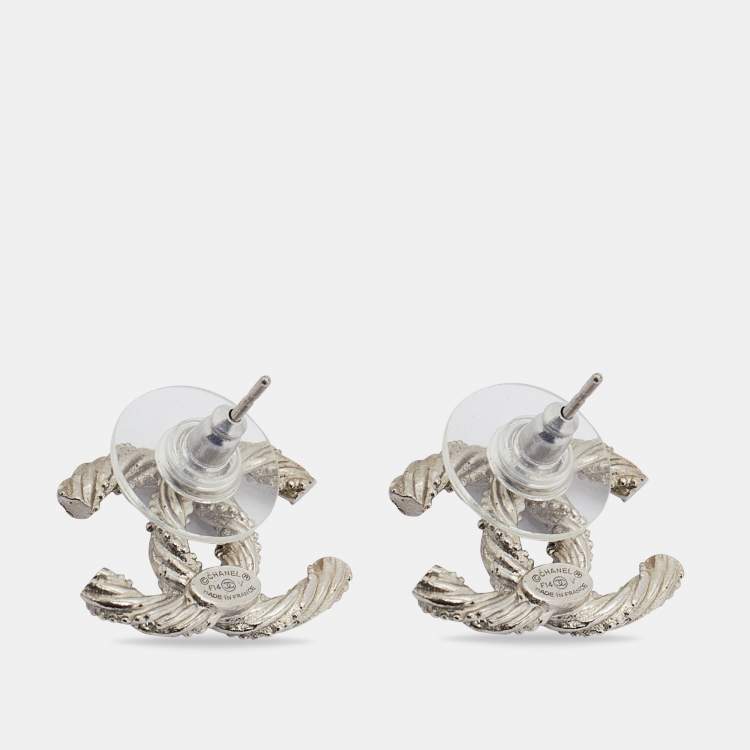 Pre Owned Chanel Silver Tone Crystal CC Twist Earrings