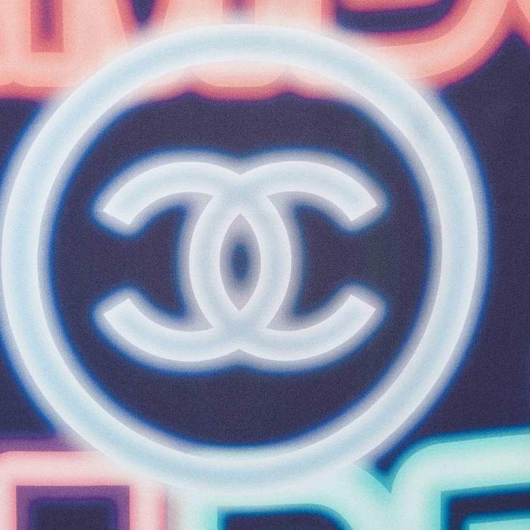 Pre Owned Chanel Navy Blue Neon Logo Printed Silk Square Scarf