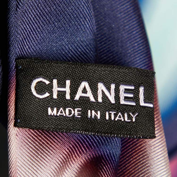 Pre Owned Chanel Navy Blue Neon Logo Printed Silk Square Scarf