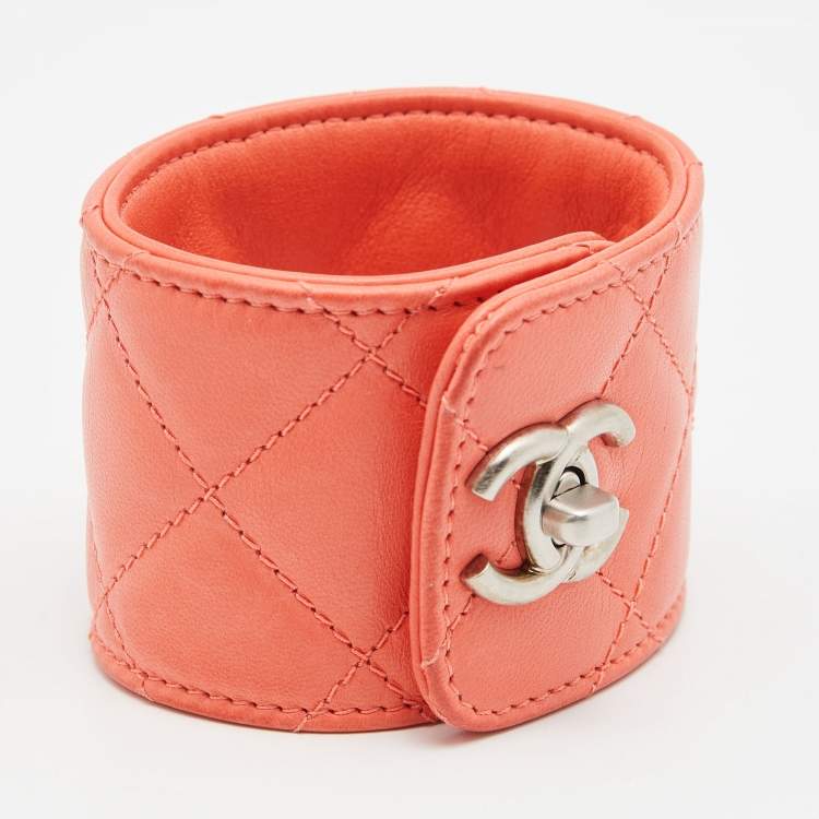 Chanel Pink Peach Quilted Leather TurnLock Cuff Bracelet Chanel