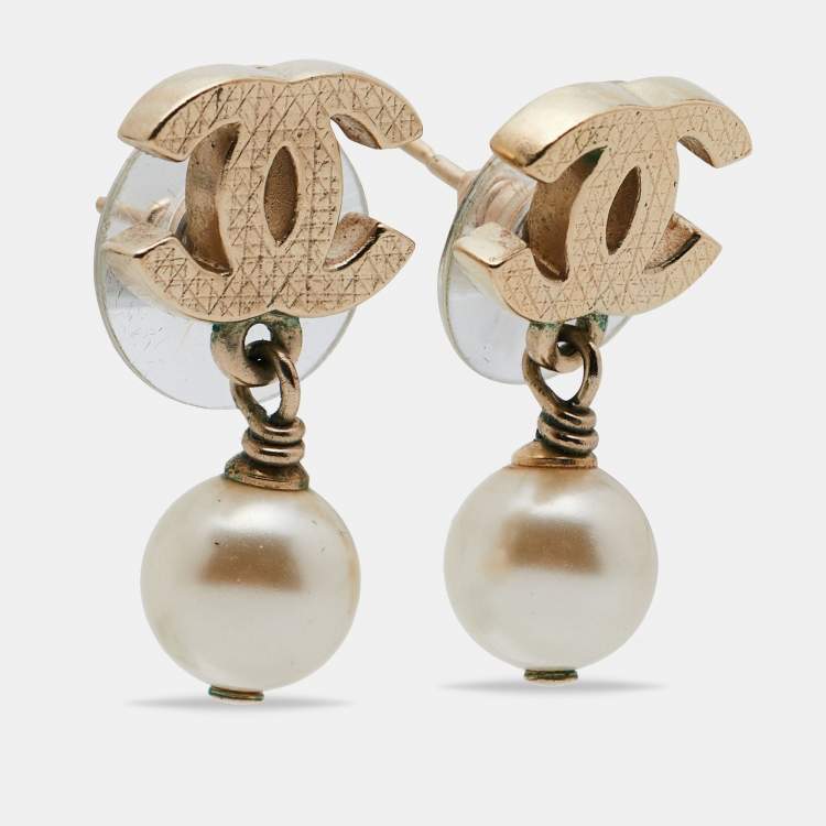 Chanel Pale Gold Tone Crystal & Faux Pearl CC Drop Earrings Chanel