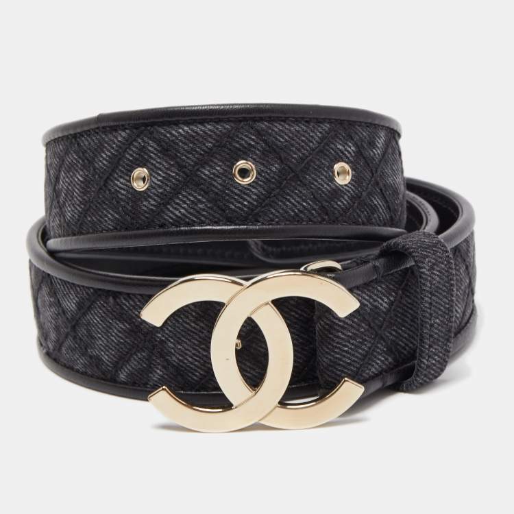 Pre Owned Chanel Black Quilted Denim and Leather CC Buckle Belt 75CM