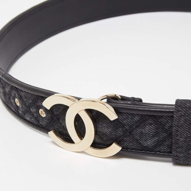 Pre Owned Chanel Black Quilted Denim and Leather CC Buckle Belt 75CM