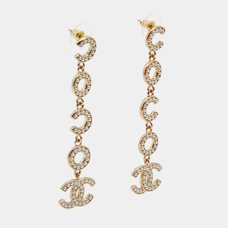 Chanel Coco Faux Pearl Gold Tone Drop Earrings Chanel