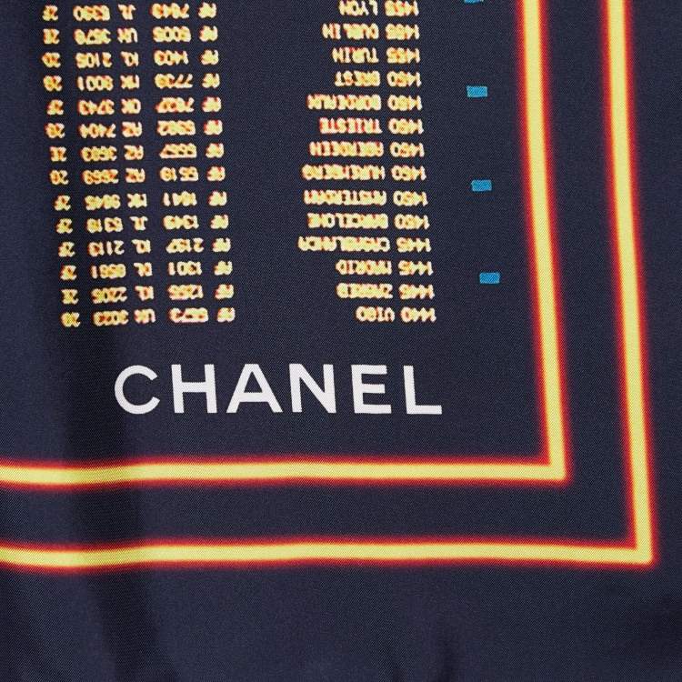 Pre Owned Chanel Black Departures Board Printed Silk Square Scarf
