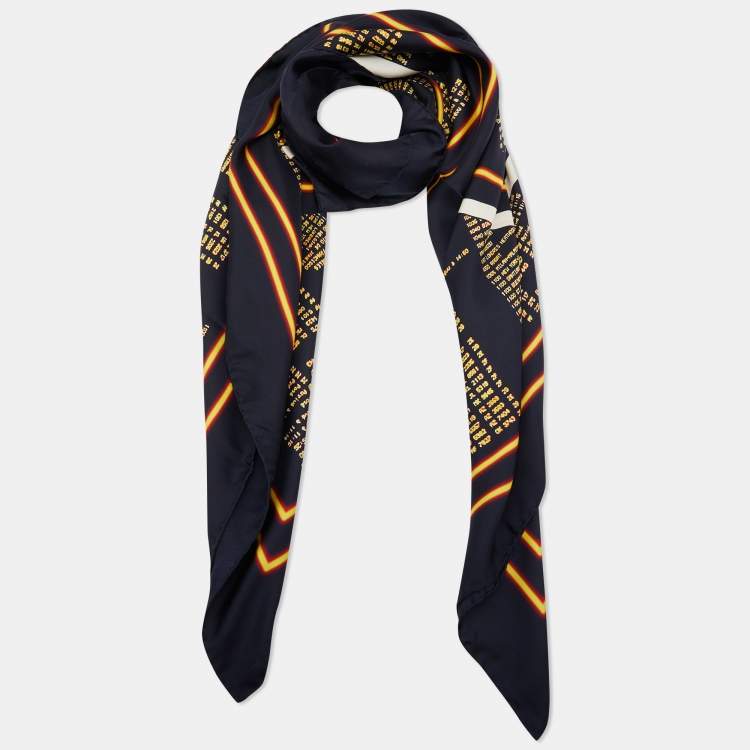 Pre Owned Chanel Black Departures Board Printed Silk Square Scarf