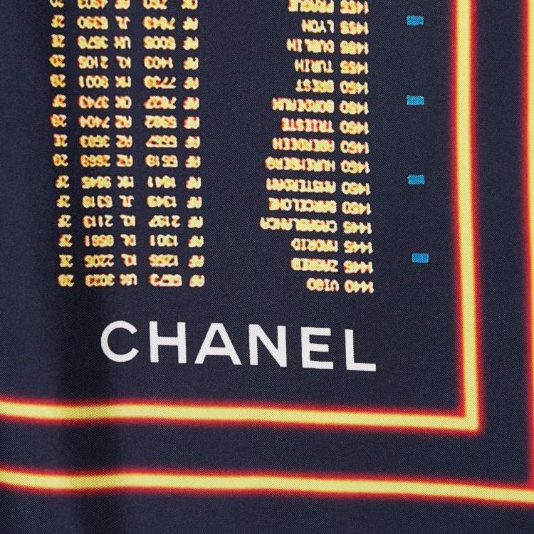 Pre Owned Chanel Black Departures Board Printed Silk Square Scarf