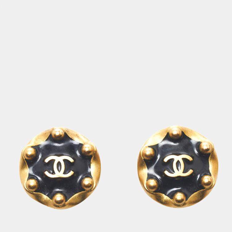 Chanel Black Yellow Gold Tone Metal CC Logo Round Stud Earrings Chanel ...