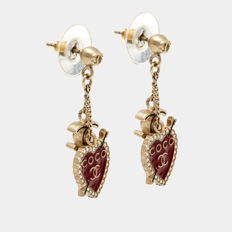 Chanel Crystal Metal CC Heart Earrings Gold