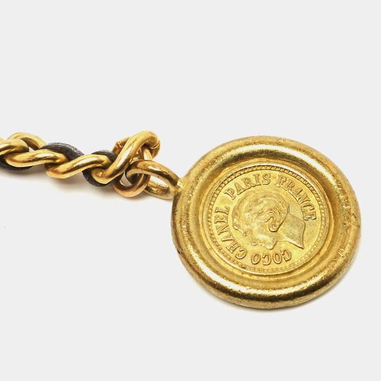 Pre Owned Chanel Balck/Gold Chain and Leather Medallion Belt 80CM