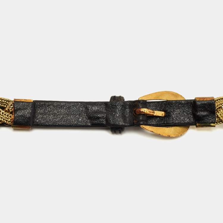 Pre Owned Chanel Balck/Gold Chain and Leather Medallion Belt 80CM