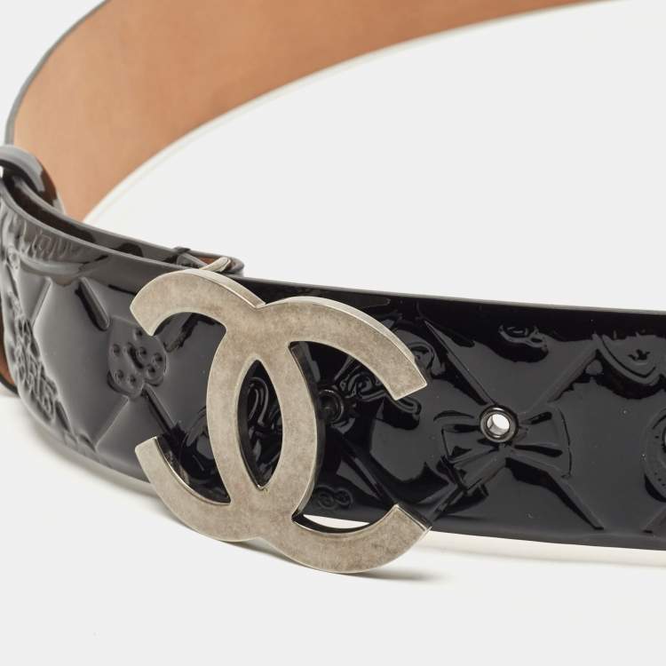 Pre Owned Chanel Black Quilted Embossed Patent Leather CC Buckle Belt 95 CM
