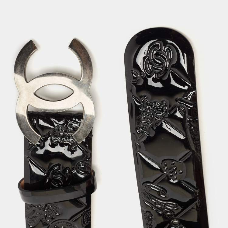 Pre Owned Chanel Black Quilted Embossed Patent Leather CC Buckle Belt 95 CM