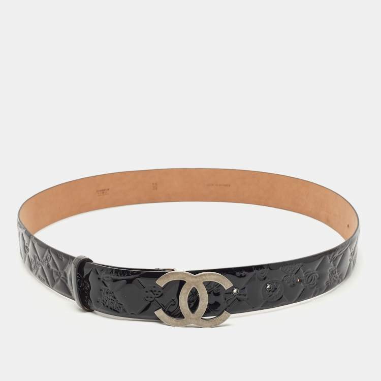 Pre Owned Chanel Black Quilted Embossed Patent Leather CC Buckle Belt 95 CM