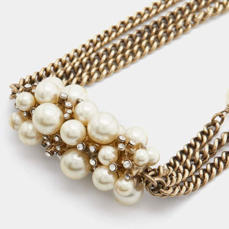 CHANEL Calfskin Pearl Metal CC Bow Necklace Gold White Black