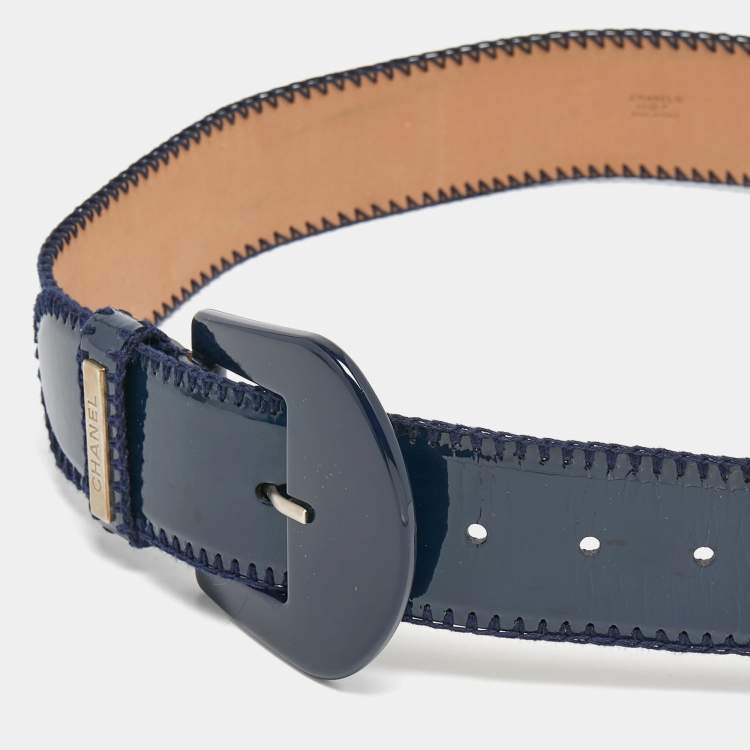 Pre Owned Chanel Navy Blue Patent Leather Buckle Belt 85CM