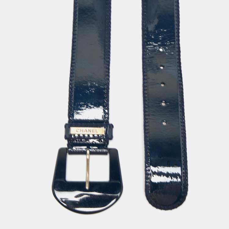 Pre Owned Chanel Navy Blue Patent Leather Buckle Belt 85CM