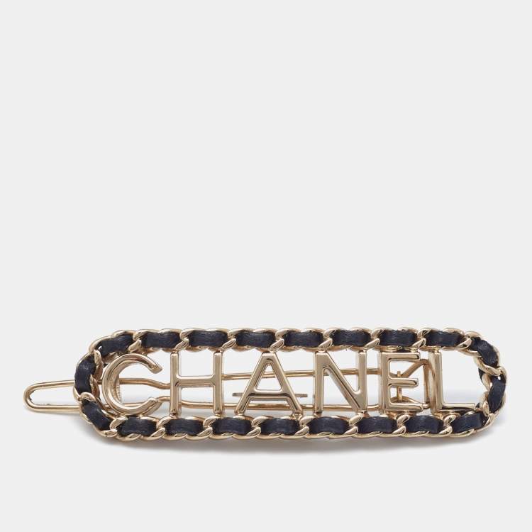 Chanel Gold Tone Logo Leather Detail Hair Clip Chanel | The Luxury Closet