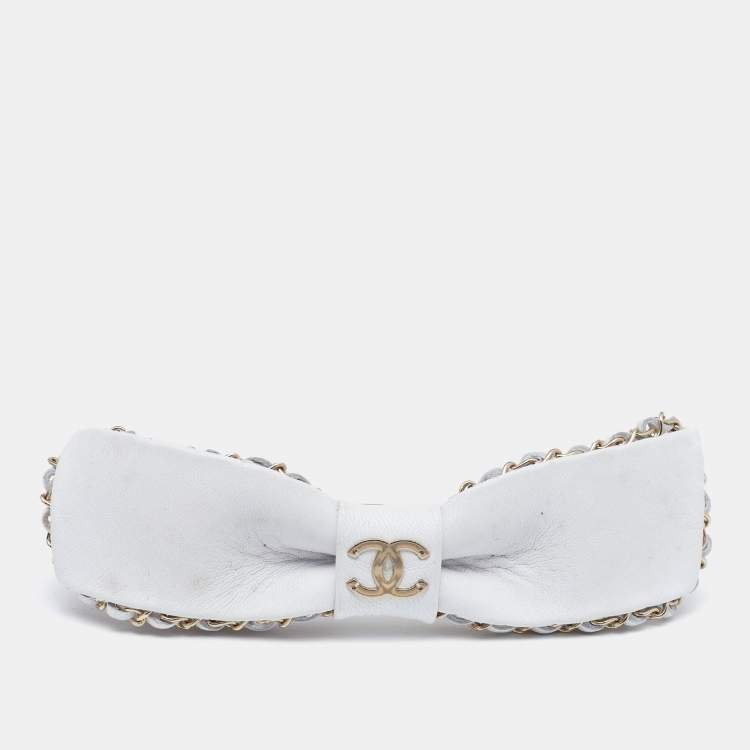 Chanel White Leather & Gold Tone Chain Detail Hair Clip Chanel