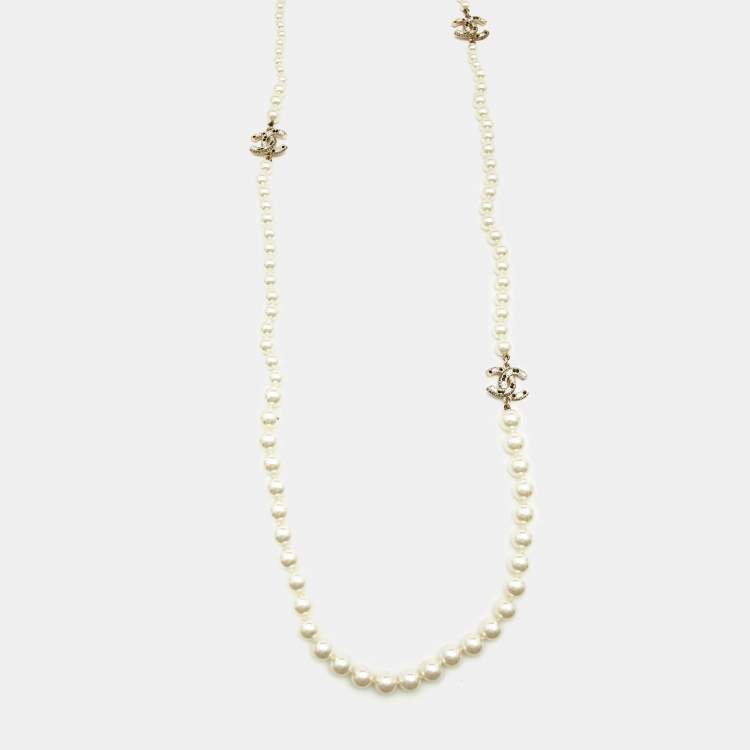 Chanel CC Faux Pearl Crystals Faux Pearl Gold Tone Long Necklace